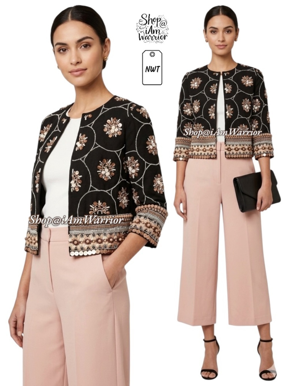 H&M NWT Embellished Beaded Black & Blush Cropped Jacket *Shop@iAmWarrior